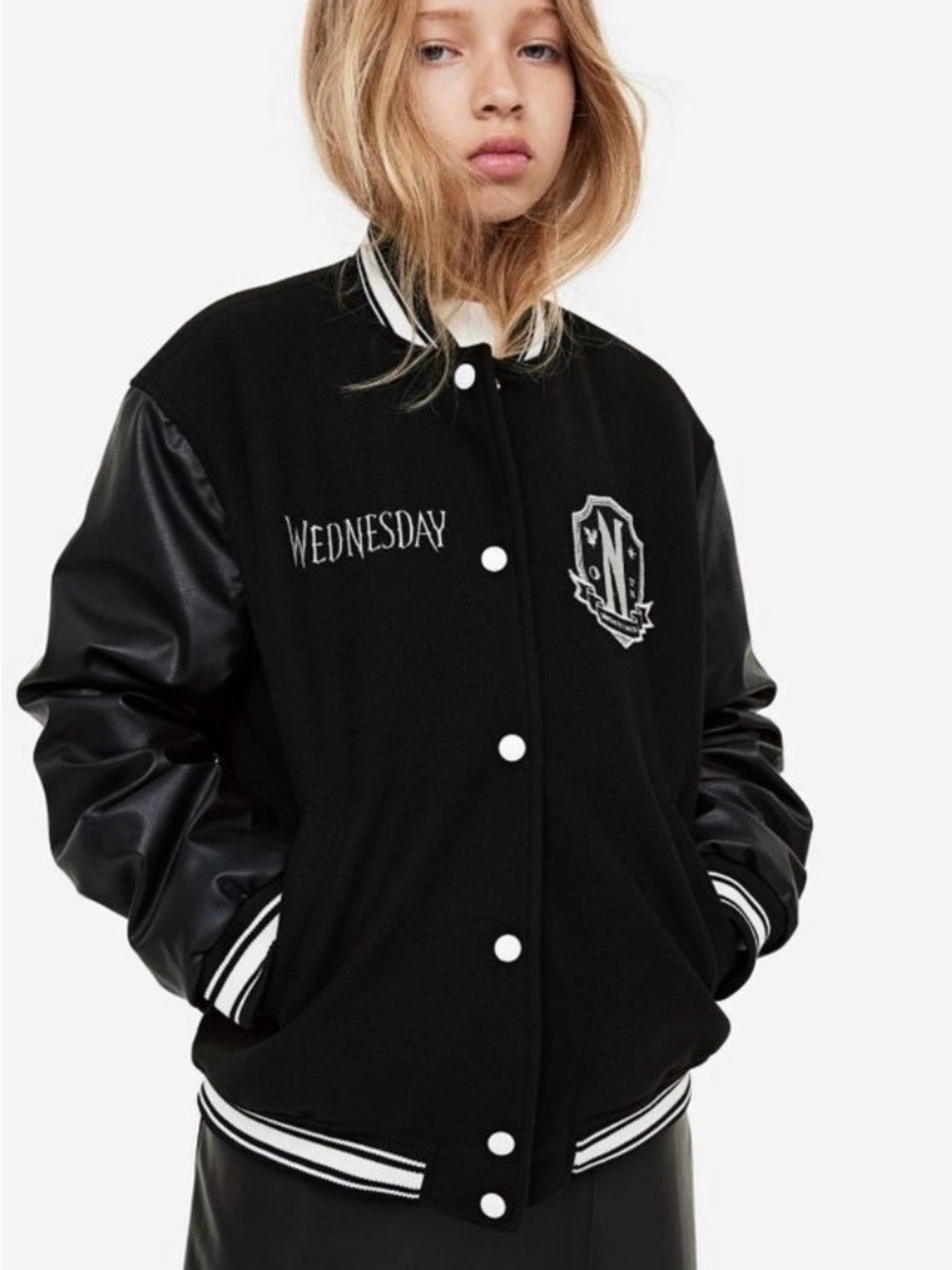 H&M Black and White Varsity Jacket with Embroidered Crest